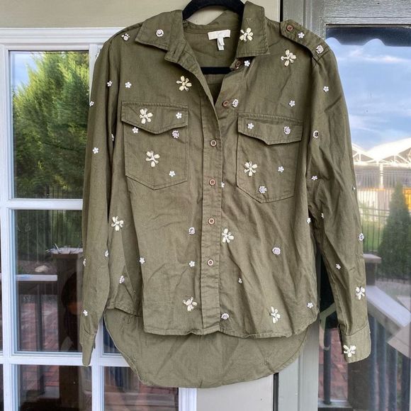 Joie Army Green Button Down Hayfa Embellished Shirt Beaded Size Small, MSRP $298 - Picture 3 of 11